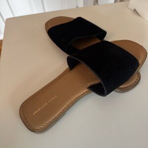 American Eagle Outfitters Black Suede Slide Sandals with Tan Footbed